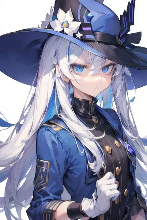 (Masterpiece, best quality, perfect face, perfect eyes, detailed eyes), closeup, Furina, blue eyes, hair between eyes, white hair, blue hair, multicolored hair, long hair, streaked hair, hat, blue headwear, jacket, gloves, black gloves, white gloves, mismatched gloves, (AGGA_ST012, disdainful eyes:1.3), slight pout,