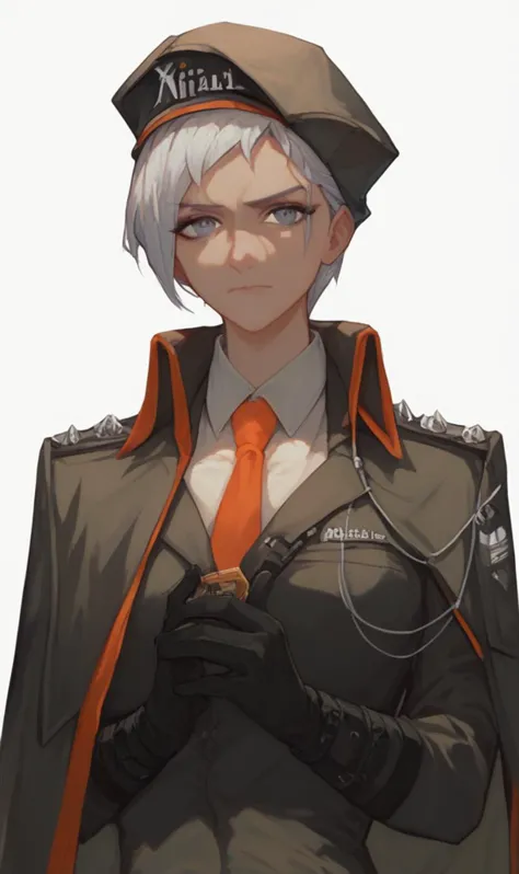 anime character with white hair and orange tie and uniform