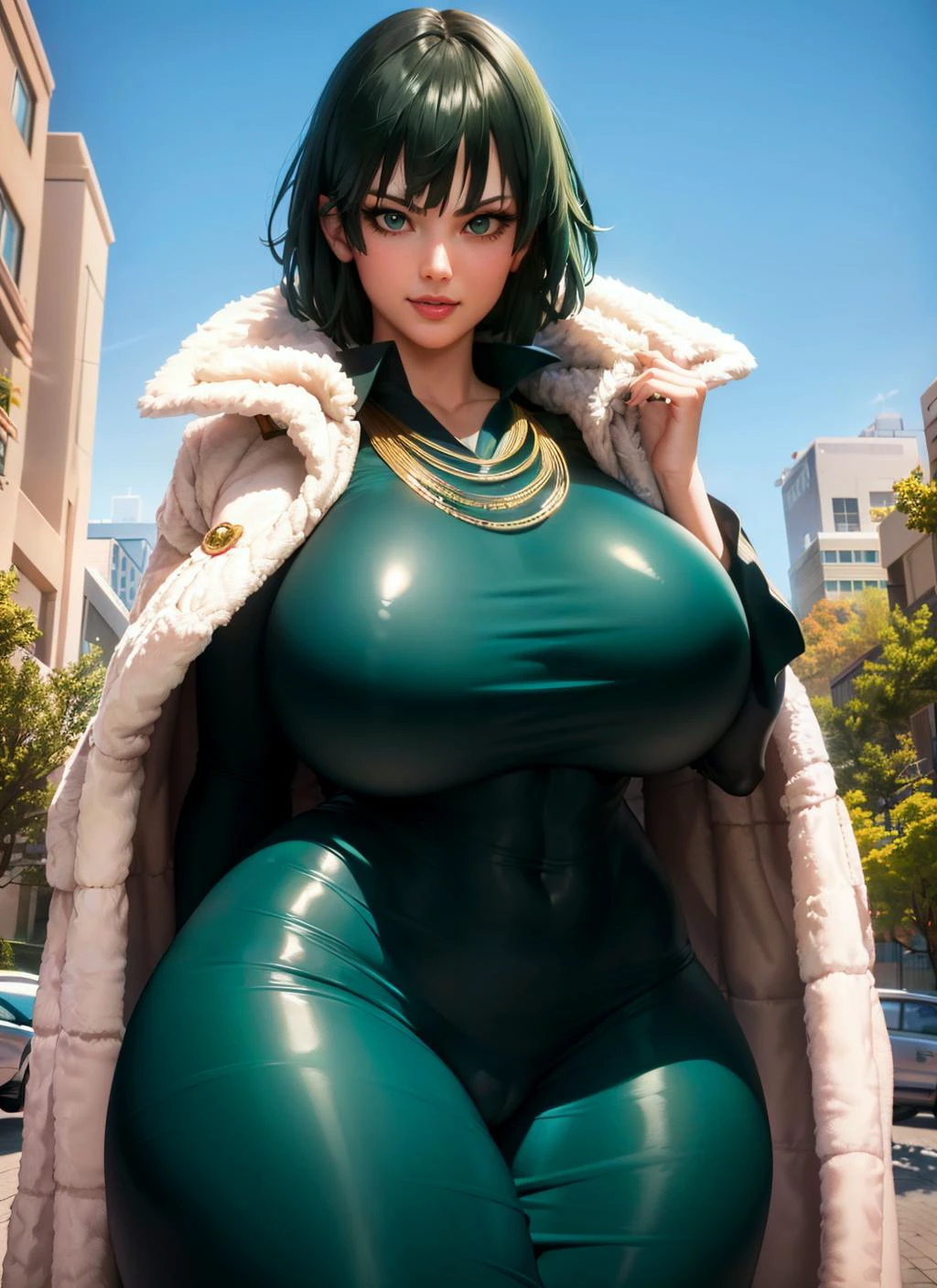 fubuki, (green hair), [black hair], (perfect eyes:1.3),green eyes, dress, long sleeves, jewelry, necklace, green dress, (fur coat:1.2), taut dress, taut clothes, covered navel, coat (realistic:1.5), (venusbody), (gigantic breasts:1.4), (wide hips:1.3), (thick thighs:1.4), (((best quality)), ((masterpiece)), (mature female), photorealistic, photorealistic face, cinematic light, (skindentation:1), cute, feminine, (perfect face:1.1), (perfect eyes, detailed eyes), perfect hands, curvy:1.5, narrow waist:1.2, big eyes), (1girl:1.4, solo, solo focus, ((sfw:1.3)), looking at viewer, dynamic pose, seductive smile), city, cityscape, skyline,
