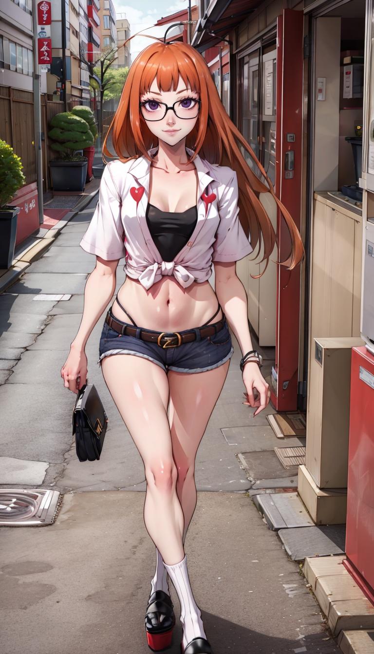 Anime girl walking down a street in a short skirt and glasses - SeaArt AI