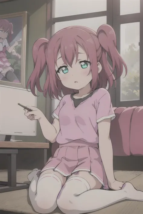 anime girl sitting on the floor pointing at a tv screen