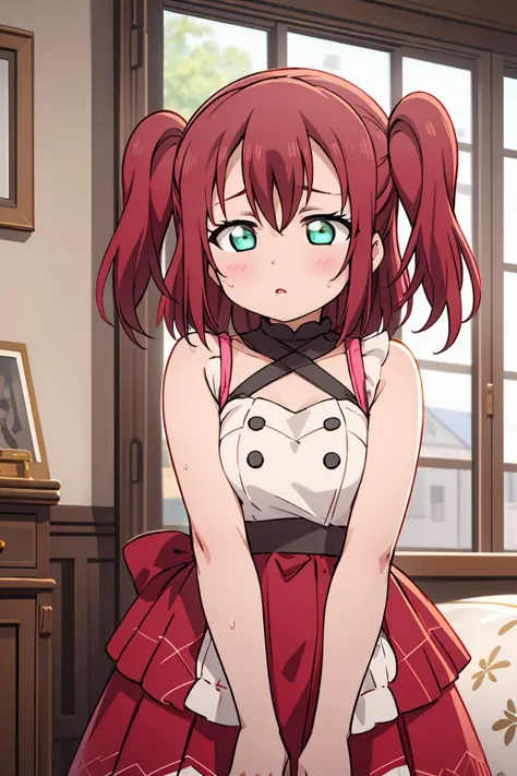 anime girl in a red and white dress sitting on a bed