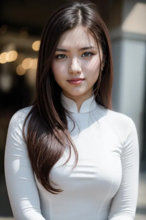 1girl, aodai  <lora:aodai_white_SD_chiasedamme_v01:0.6>, skinny, BREAK depth of field, film grain, wrinkled skin, looking at viewer, knee, warm smile, (upper body) masterpiece,ultra realistic,32k,extremely detailed CG unity 8k wallpaper, best quality