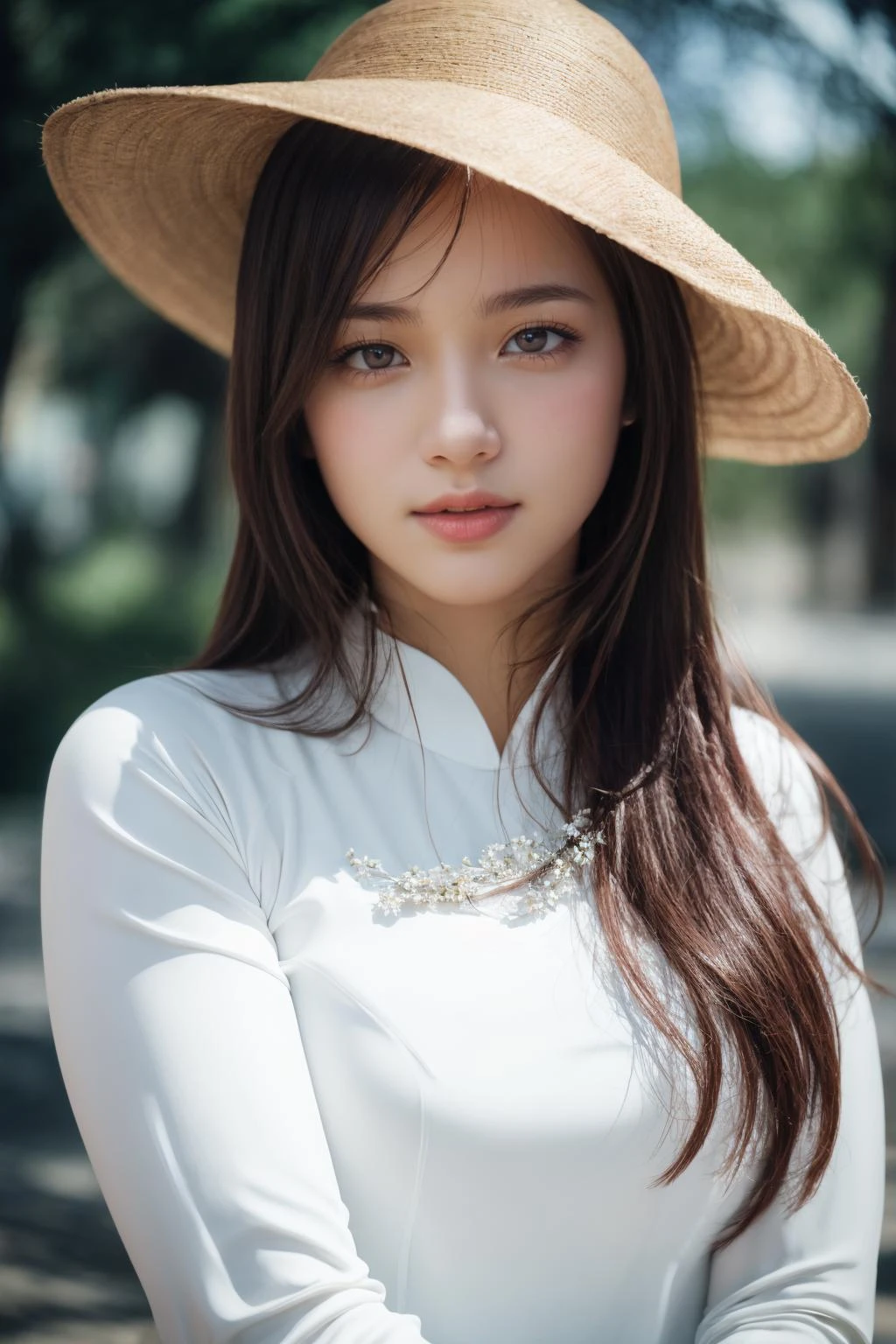 1girl, aodai white, photo art, (flower), a stunning photo with beautiful saturation, ultra high res,(realistic:1.4)),deep shadow,(best quality, masterpiece), pale skin, dimly lit, shade, flustered, blush, highly detailed, skinny, BREAK depth of field, film grain, wrinkled skin, looking at viewer, knee, warm smile, (upper body), masterpiece,ultra realistic,32k,extremely detailed CG unity 8k wallpaper, best quality
