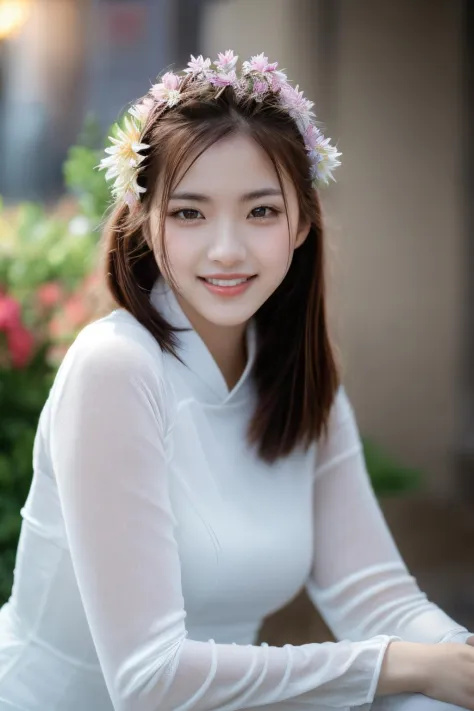 girlvn01, 1girl, smile, aodai white, photo art, flower, a stunning photo with beautiful saturation, ultra high res,(realistic:1.4)),deep shadow,(best quality, masterpiece), pale skin, dimly lit, shade, flustered, blush, highly detailed, skinny, BREAK depth...