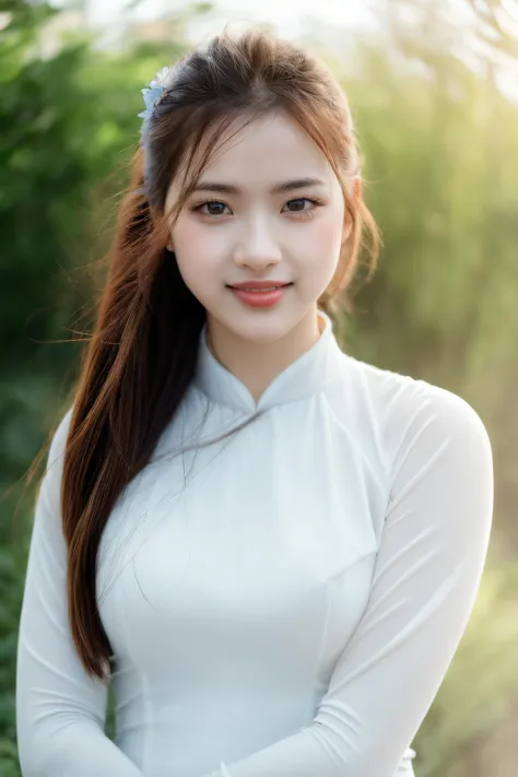 girlcuchoami, 1girl, smile, aodai white, photo art, flower, a stunning photo with beautiful saturation, ultra high res,(realistic:1.4)),deep shadow,(best quality, masterpiece), pale skin, dimly lit, shade, flustered, blush, highly detailed, skinny, BREAK d...