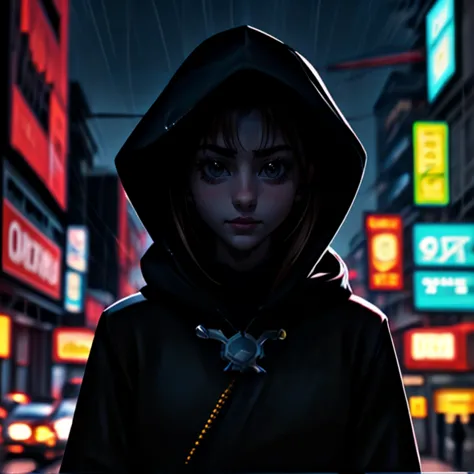 a close up of a person in a hoodie standing in a city