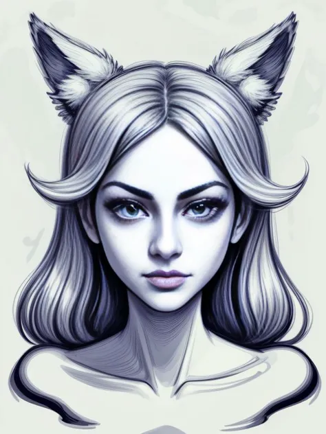 a drawing of a woman with cat ears and a cat face