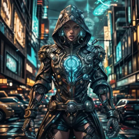 cinematic movie Poster featuring  (Jessie_McSloot) as a cyberpunk hermetic wizard wearing ornate hooded leather techrobes, neon ...