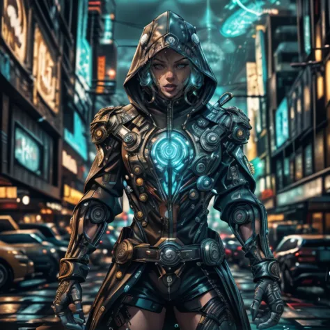 a woman in armor standing in the middle of a city