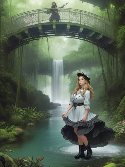 a woman in a dress and hat standing on a bridge over a river