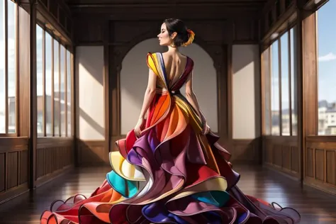 arafed woman in a colorful dress standing in a room