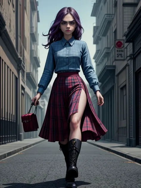 a woman with purple hair walking down a street with a purse