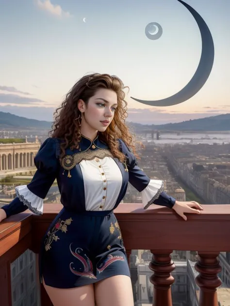 a woman in a short dress standing on a balcony with a view of a city