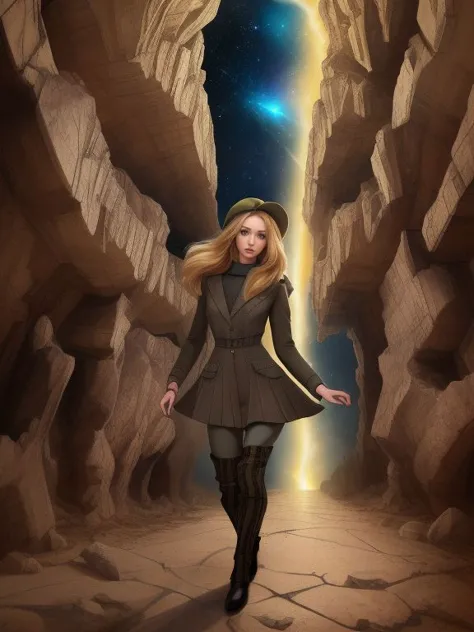 a woman in a black coat and hat walking through a narrow canyon