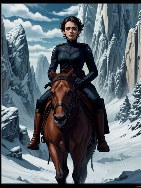 a woman riding a horse in the snow with mountains in the background