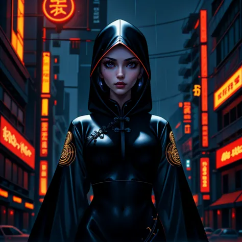 a woman in a black outfit standing in a city street