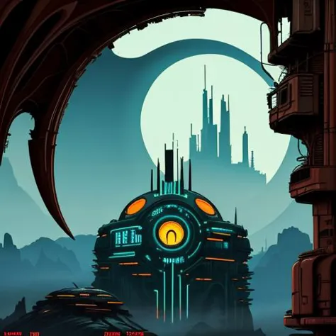 a poster of a futuristic city with a giant clock tower