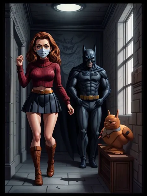 a woman in a skirt and batman mask walking through a hallway