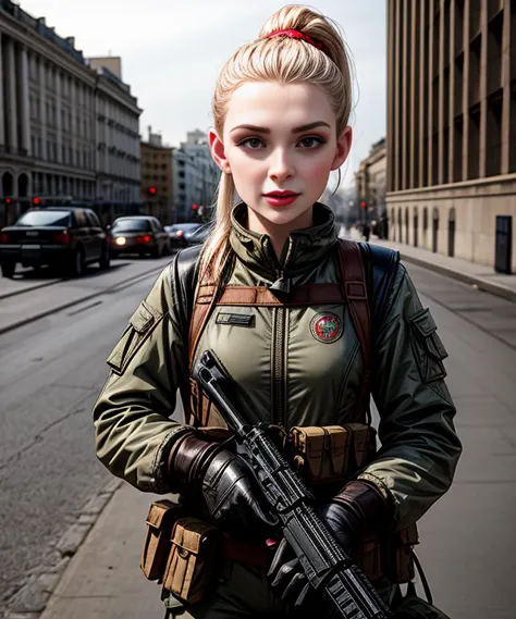 arafed woman in military gear holding a gun on a city street