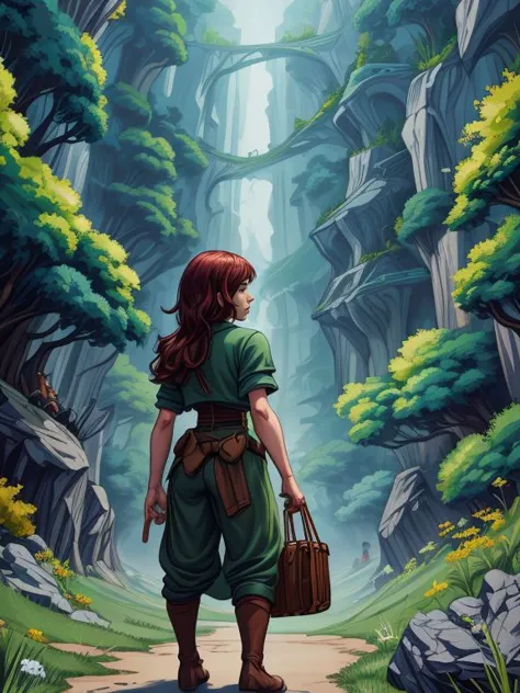 a woman in green is walking through a forest with a basket