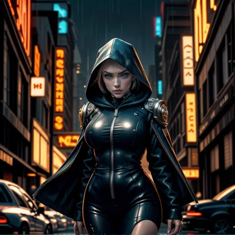 a woman in a black leather outfit walking down a street