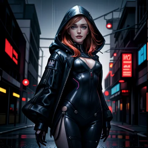 a close up of a woman in a black cat suit standing on a street