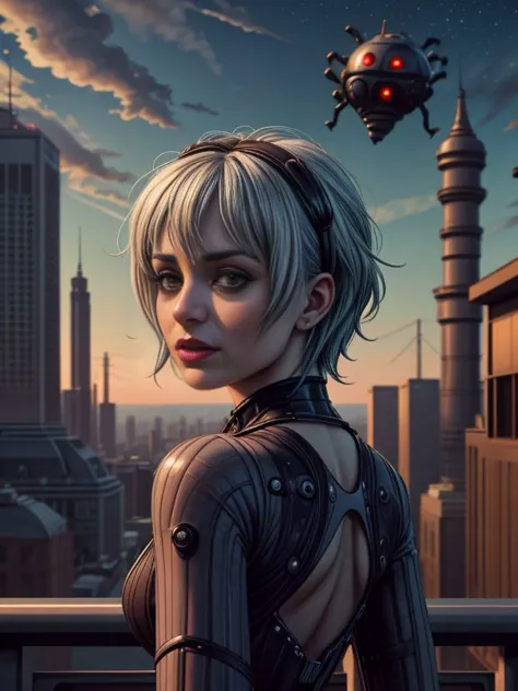 a woman in a futuristic outfit standing on a rooftop with a spider