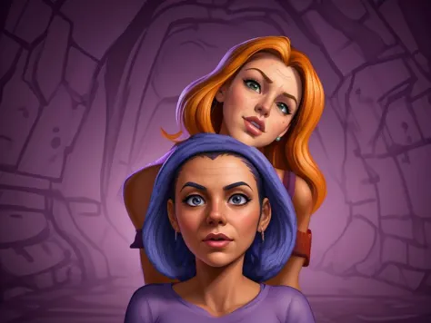 two women with blue hair and orange hair are standing in front of a purple background