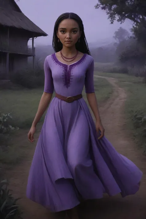 concept art asha wearing purple dress at farmhouse <lora:Asha_XL:0.8> . illustration by gabriele dell'otto, dark, low key, vibrant, highly detailed<lora:LCMTurboMix_DPM_SDE_Karras:1>