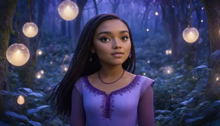 a woman in a purple dress standing in a forest with lots of lights