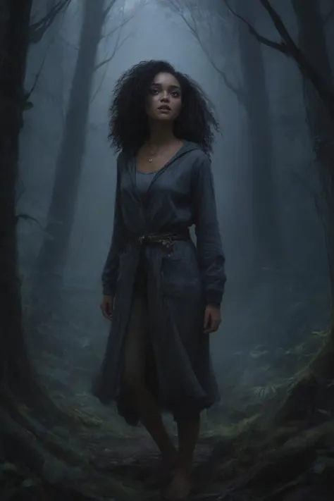 a woman in a dark forest with a dark coat and a long skirt