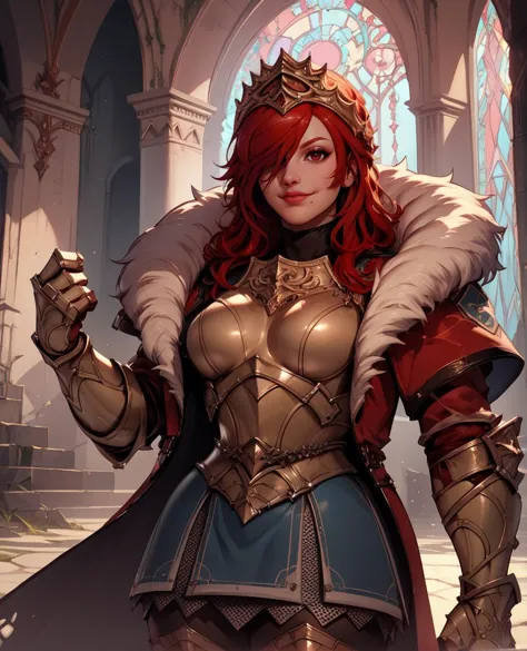 score_9,score_8_up,score_7_up,
hildexl,red hair,lips,hair over one eye,red eyes,mole under mouth,
armor,gauntlets,fur trim,breastplate,thighhighs,red coat,head crown,looking at viewer,light smile,
standing,
European castle,
<lora:HildeSC6XL-10:0.8>,