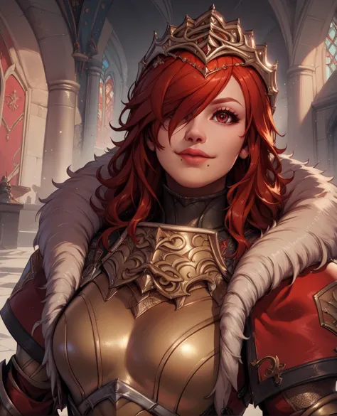 score_9,score_8_up,score_7_up,
hildexl,red hair,lips,hair over one eye,red eyes,mole under mouth,
armor,gauntlets,fur trim,breastplate,thighhighs,red coat,head crown,looking at viewer,light smile,
upper body,standing, 
european castle,
<lora:HildeSC6XL-10:0.8>,