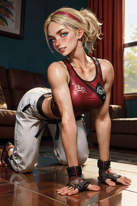 LidiaSobieska, blue eyes, blonde hair, scar on face, ponytail, fingerless gloves,red hairband,black karate belt,clothes around waist,white dougi pants, red tank top, looking at viewer, seductive smile, teeth, blush, on all fours, on floor, living room, natural lighting, high quality, masterpiece <lora:lidia:.7>