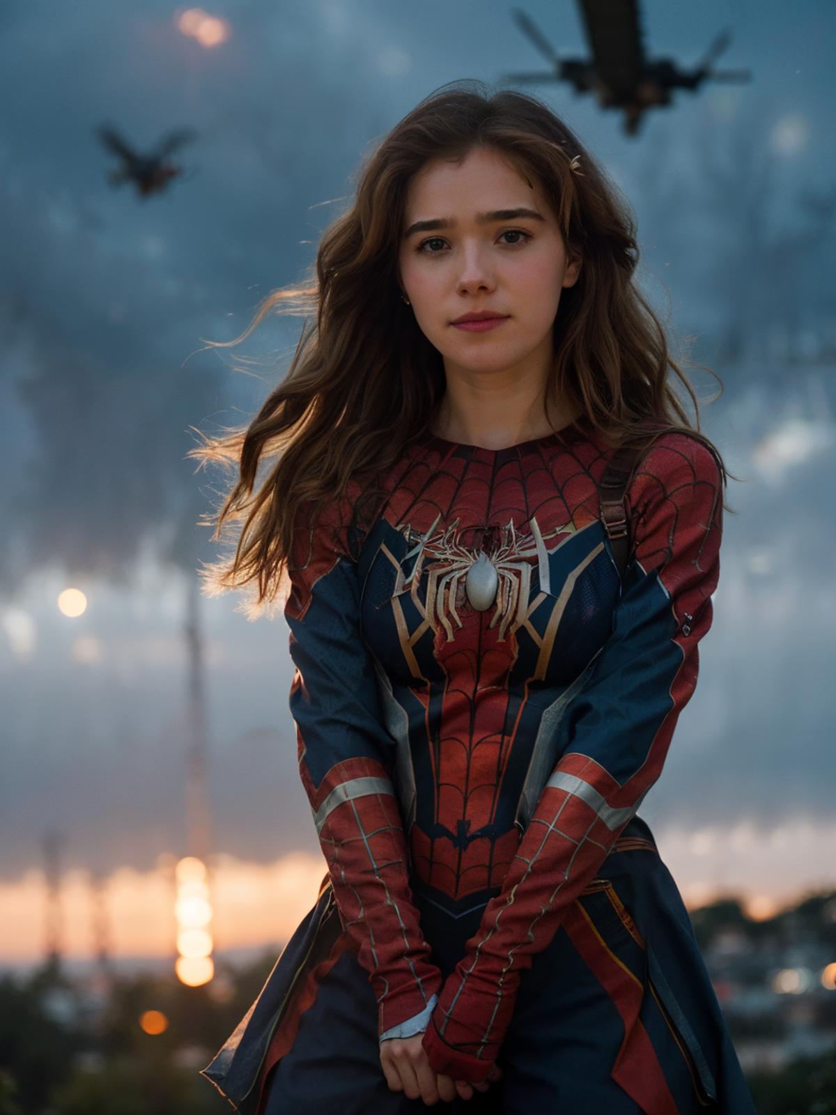 A woman in a spider - man costume standing in front of a sunset - SeaArt AI