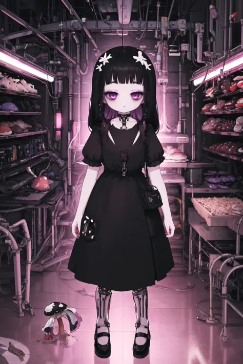 <lora:hardgore2-10:0.6>, <lora:Leirix2-10:0.6>, pale skin, bags under eyes, headdress, (mushroom), black dress, black hair, mary janes, expressionless, purple eyes, short sleeves, 1girl, hardgore alice, <lora:cyberpunk-v1.5-nai-9ep-resize:0.6>, cyberpunk, neon lights, science fiction, mechanical leg