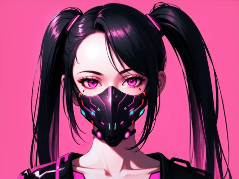 1girl, solo, black hair, twintails, collarbone, looking to the side, mask, glowing, pink background, portrait, science fiction, ...