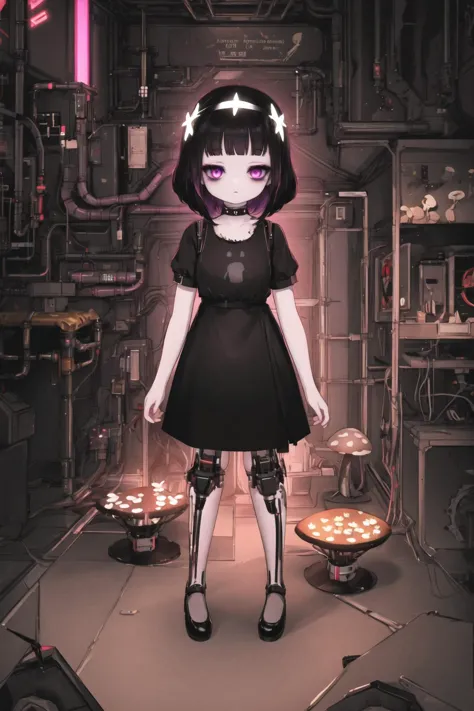 <lora:hardgore2-10:0.6>, <lora:Leirix2-10:0.6>, pale skin, bags under eyes, headdress, (mushroom), black dress, black hair, mary janes, expressionless, purple eyes, short sleeves, 1girl, hardgore alice, <lora:cyberpunk-v1.5-nai-9ep-resize:0.6>, cyberpunk, neon lights, science fiction, mechanical leg