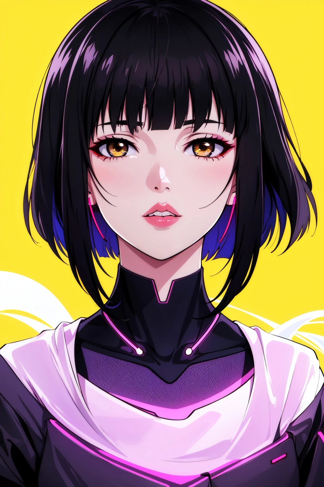 1girl, solo, looking at viewer, short hair, shirt, black hair, brown eyes, white shirt, parted lips, blunt bangs, lips, yellow background, bob cut, nose, glitch, cyberpunk,(neon lights),science fiction,ghost in the shell, (cyberpunk:1.2),