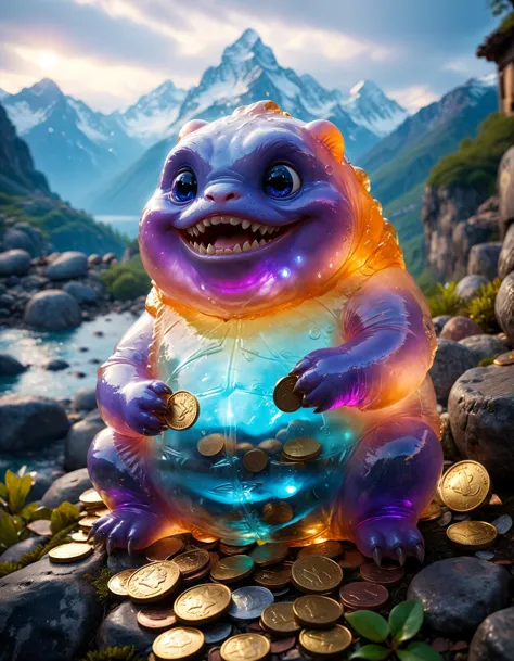 cinematic, vibrant and whimsical, fantastical cute and fat transparent creature sitting and eating coins, body should be transpa...