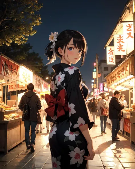 masterpiece, best quality, ultra-detailed, illustration, omatsuri, food stand, 1girl, beautiful eyes, looking at viewer, from be...