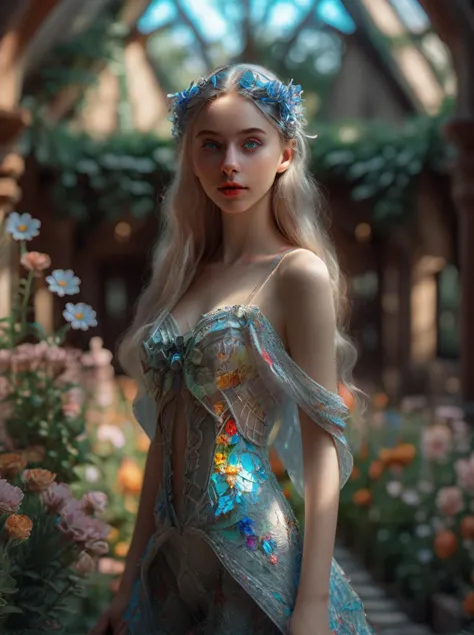 1girl bunt garden ,Ganzkörper,detaillierte blaue Augen,Durchschauen, beste Qualität, Meisterwerk, highres, absurdesten, incredibly absurdesten, riesige Dateigröße, Hintergrund, bunt,8K,RAW-Foto