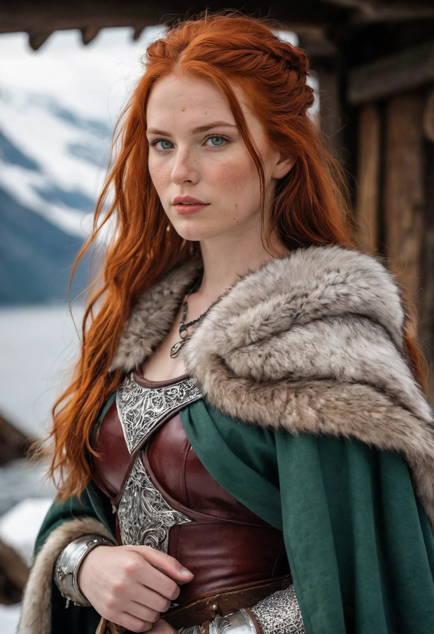 A warrior ((seductive under 18))  queen, a vision of strength and confidence. Fiery red hair cascades down her shoulders. Pale skin, etched with the resilience of the north, is dusted with a hint of freckles. Piercing green eyes sparkle with unwavering determination. Clad in sleek silver chainmail that accentuates her powerful form, she commands respect and admiration. A fur-lined cloak, the pelt of a mighty wolf, adds a touch of wildness to her regal presence. A Viking horn rests confidently in her hand, a symbol of leadership. The scene unfolds before a formidable Viking longhouse, a testament to her proud heritage. Snow-capped mountains rise majestically beside a majestic fjord, reflecting the fiery spirit in her eyes.