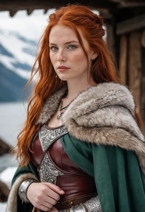 A warrior ((seductive under 18))  queen, a vision of strength and confidence. Fiery red hair cascades down her shoulders. Pale s...