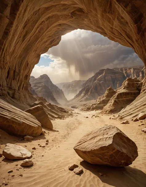 (desert canyon:1.5)ï¼Narrow canyon in the middle of the desert,sandstormï¼tornadoï¼ in the style of photo realistic landscape...