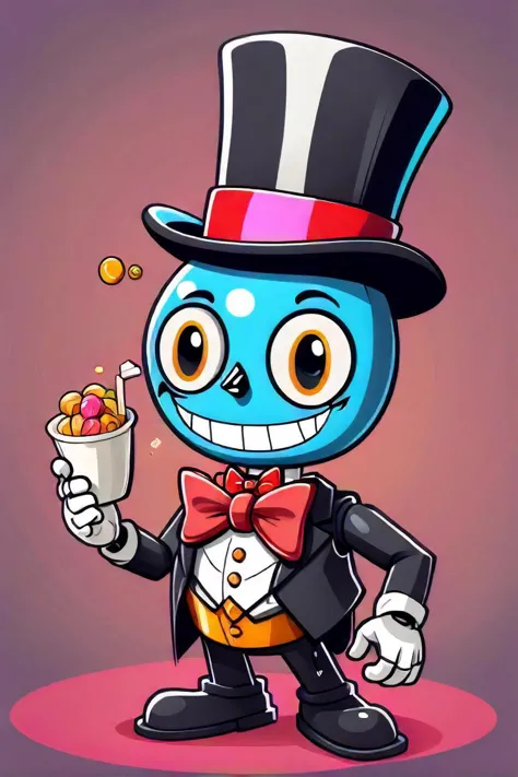 cartoon character of a vibrant makeup with a top hat and bow tie, cereal mascot, cuphead's art style, mascot illustration, happy...