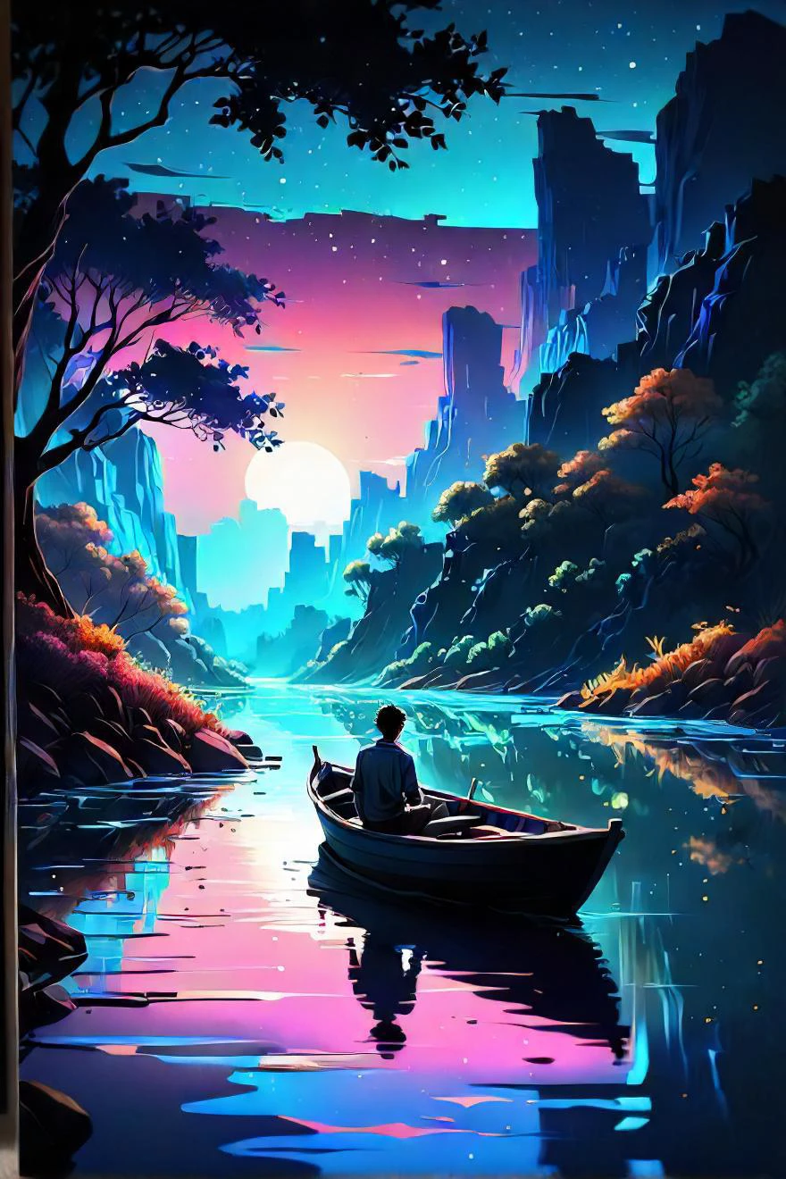 painting of a man in a boat on a river at night, inspired by cyril rolando, in style of cyril rolando, by cyril rolando, cyril rolando and goro fujita, makoto shinkai cyril rolando, dan mumford and thomas kinkade, in the style dan mumford artwork, epic retrowave art, dan mumford paint, magical landscape