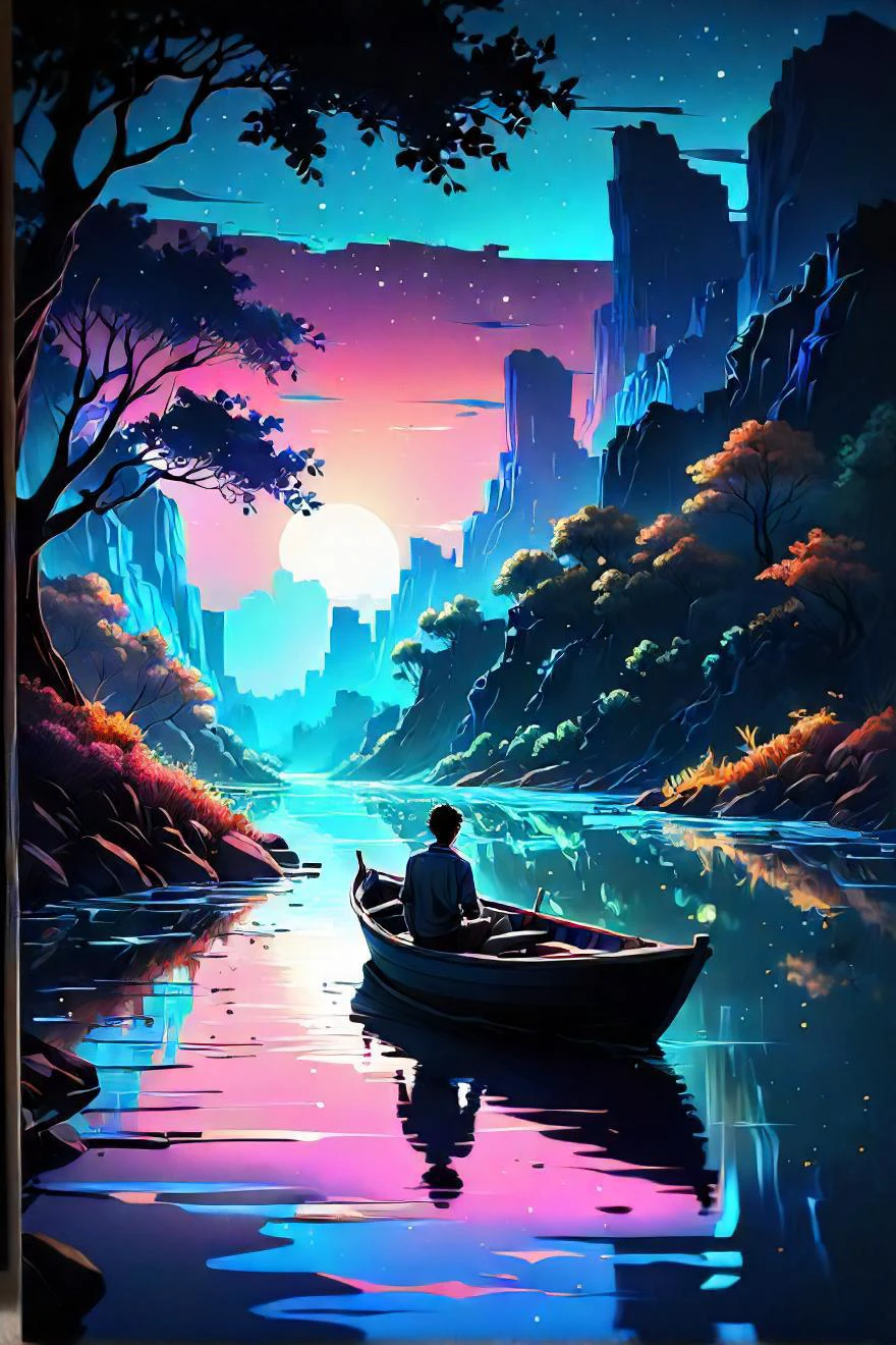 Gemälde eines Mannes in einem Boot auf einem Fluss bei Nacht, inspired von Cyril Rolando, im Stil von Cyril Rolando, von Cyril Rolando, Cyril Rolando und Goro Fujita, Makoto Shinkai Cyril Rolando, dan mumford and thomas kinkade, im Stil von Dan Mumford, epische Retrowave-Kunst, und Mumford-Farbe, magische Landschaft