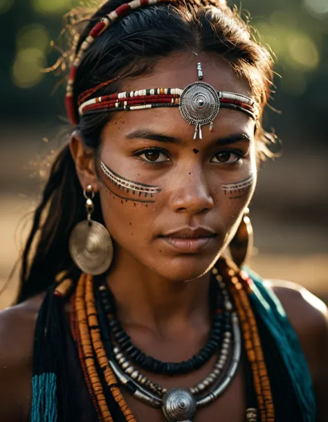 cinematic portrait of beautiful tribal women portait. 85mm lens, f/1.8, dramatic side lighting, moody atmosphere